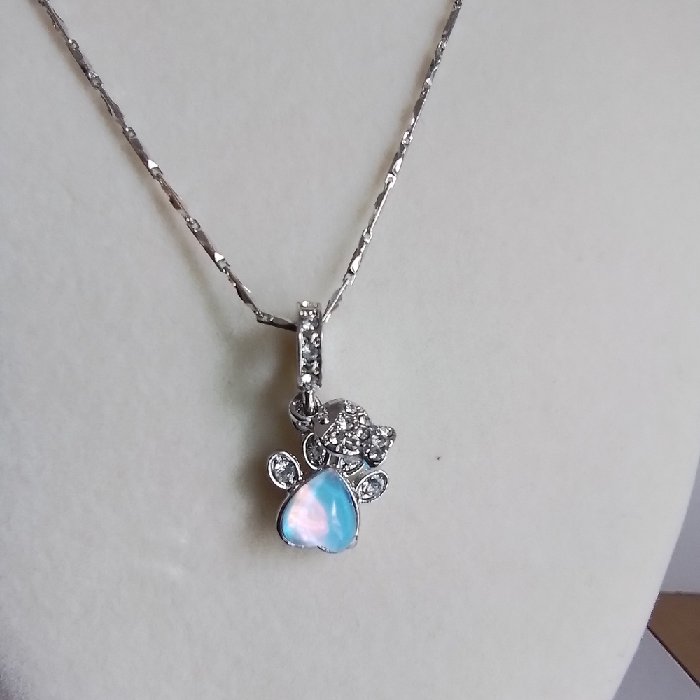 Paw Print Necklace with Blue Heart Charm - Picture 5 of 8